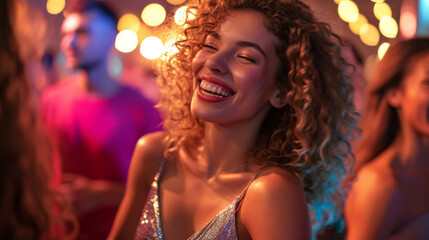 Fototapeta premium A joyous woman with curly hair, laughing heartily, surrounded by friends in a festive atmosphere with bokeh lights at a night party.