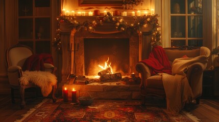 A cozy fireplace nook, with crackling flames and plush seating inviting relaxation and warmth