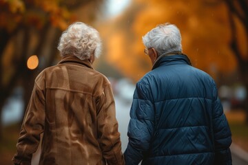 An elderly couple stands together, their hands intertwined, braving the winter chill under a towering tree on the quiet street, bundled up in warm coats and outerwear - obrazy, fototapety, plakaty