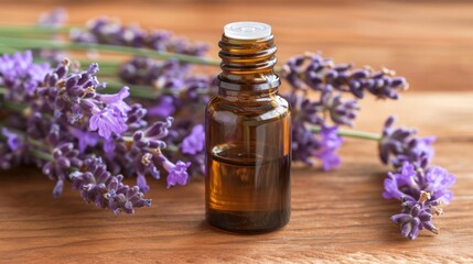  a bottle of lavender essential oil next to a bunch of lavender flowers on a wooden table with a green stem in the middle of the bottle and purple flowers in the foreground.