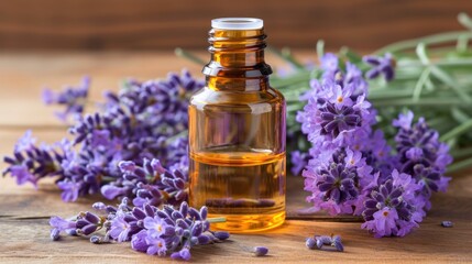  a bottle of lavender oil next to a bunch of lavender flowers on a wooden table with a sprig of lavender on the side of the bottle and a sprig of lavender.