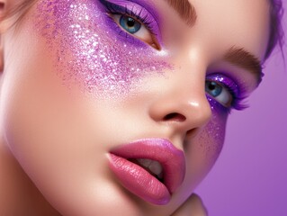 Banner of Fashion model girl portrait. Beauty woman with bright neon makeup. Close-up of lady face - obrazy, fototapety, plakaty