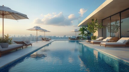 Fototapeta premium A chic rooftop pool, with lounge chairs and umbrellas offering panoramic views of the city skyline