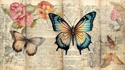 Fototapeta premium Vintage book page with butterfly, stamperia, watercolor style art, beautiful antique vintage page old paper