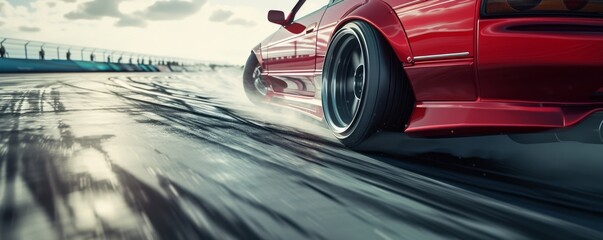 A closeup drifting racing car on a race, speed and motor sport, banner with copy space, Generative...
