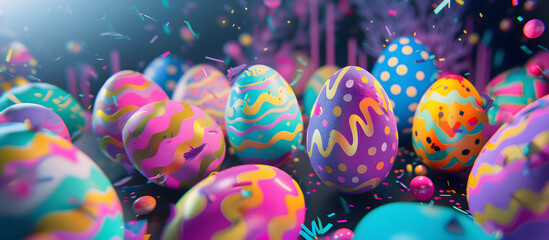 Colorful retro easter eggs with confetti on cool background. Happy Easter postcard.