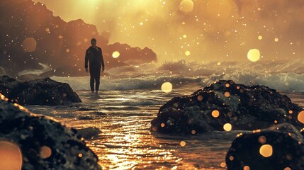 A person in a wetsuit is seen standing in shallow water with their back to the camera. The scene is bathed in a warm, golden light with the sun low on the horizon, suggesting it is either sunrise or s - obrazy, fototapety, plakaty