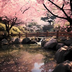 Tranquil Japanese Garden with Cherry Blossoms and Pond