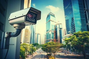 Close-up security camera monitoring city streets for surveillance and security purposes