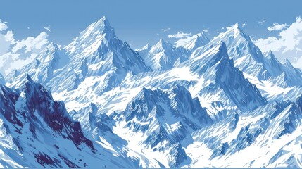 Obraz premium a drawing of a mountain range with snow on the top and clouds in the sky over the top of the mountain and below it is a blue sky with white clouds.