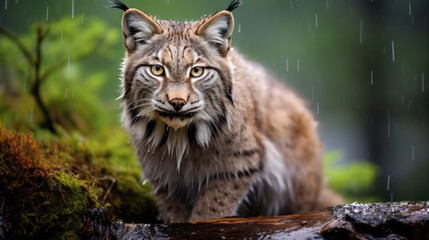 Naklejka na ściany i meble Eurasian lynx in the european forest. Hidden cat in the spring season. Lynx kitten in the bushes. Czech nature. The spotted biggest european cat.