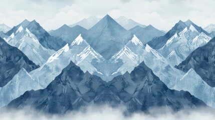 Obraz premium a painting of a mountain range with clouds in the foreground and a blue sky with white clouds in the middle of the mountain range, with white clouds in the foreground.