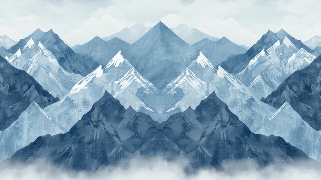  a painting of a mountain range with clouds in the foreground and a blue sky with white clouds in the middle of the mountain range, with white clouds in the foreground.