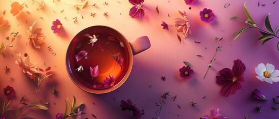 a cup of tea and flowers with some herbs floating around