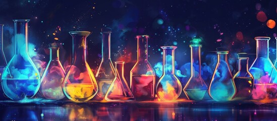 Colorful liquid on scientific glassware for chemical experiment research laboratory background.
