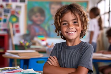A happy toddler proudly poses with arms crossed, showcasing their love for learning and exploration in a cozy classroom filled with books and art