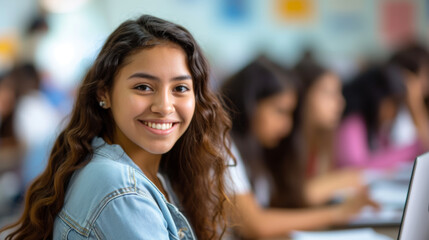 A smiling student with curly hair and a denim jacket is sitting in a classroom, turning around to smile at the camera while others are focused on their laptops.