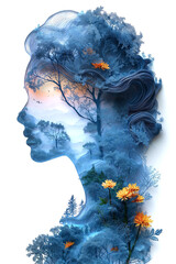 An evocative piece of digital art that merges the silhouette of a woman's profile with elements of a serene blue forest, hinting at the unity between human consciousness and the natural world