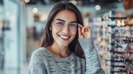 Fotobehang A smiling woman tries on glasses, standing in front of a display of various eyeglass frames in an optometry shop. © MP Studio