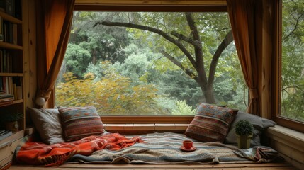 A cozy reading nook with blankets and tea, promoting relaxation and self-reflection through literature