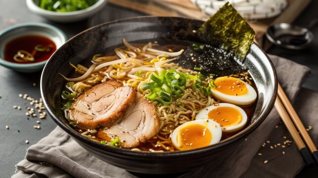  a bowl of ramen with pork, eggs, and noodles with chopsticks next to a bowl of ramen and chopsticks on a wooden table.