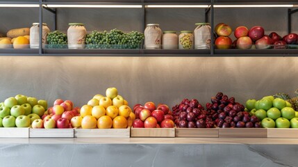  a display case filled with lots of different types of fruits and veggies next to bottles of juice and jars of juice on top of shelves with fruit on them.