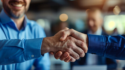close-up of two individuals shaking hands, with a blurred background