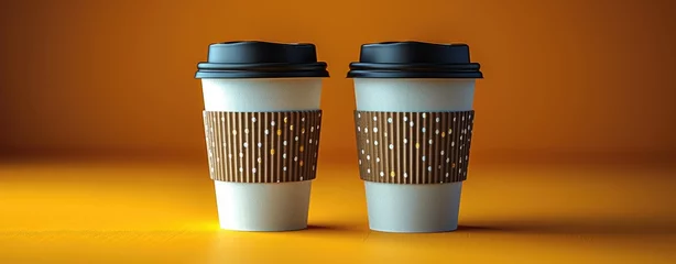 Fotobehang Two paper coffee cups on yellow background © foto.katarinka