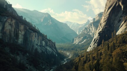  a scenic view of a mountain valley with a river running between it and trees on both sides of the valley, with mountains in the distance, and clouds in the distance. - obrazy, fototapety, plakaty