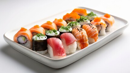 A colorful sushi platter, delicate rolls of rice and seafood artfully arranged on a porcelain plate