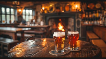 A cozy countryside pub, with glasses of ale and cider served alongside hearty pub fare and roaring fires