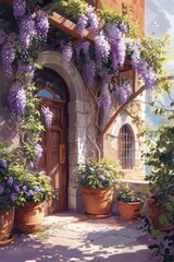 The Wisteria sinensis plant with lilac flowers decorates the entrance to the house. 3d illustration