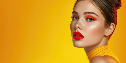 Fashion model girl portrait. Beauty woman with bright color makeup. Close-up of lady face. Yellow background