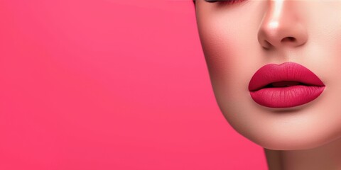 Banner of Fashion model girl portrait. Beauty woman with bright color makeup. Close-up of lady face. Pink background - obrazy, fototapety, plakaty