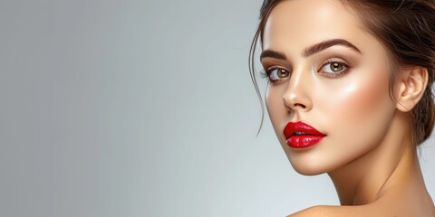 Banner of Fashion model girl portrait. Beauty woman with bright color makeup. Close-up of lady face. Light background