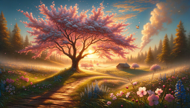 Vibrant cherry blossom tree in full bloom during golden hour.