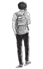 Hand drawn illustration of casual teenage schoolboy with backpack walking on street alone and talking on smartphone back view black and white sketch isolated on white - 733393148