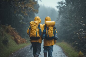Amidst the misty autumn fog, a woman in a yellow jacket stands on the wet ground, braving the rain while hiking with another person among the outdoor trees and grass - obrazy, fototapety, plakaty