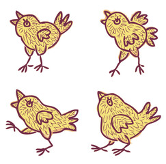 Outline hand drawing of profile four cartoon domestic little yellow chicks baby animals vector illustration isolated on white