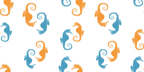Seamless pattern of blue and orange silhouettes decorative sea horses, vector background for wallpaper,textile,paper © avelksndr