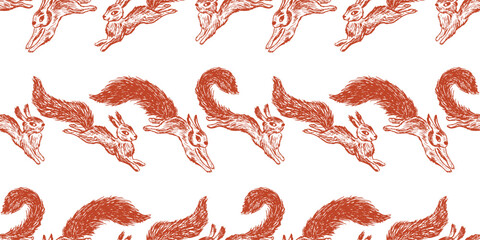 Seamless pattern of sketches cartoon red jumping wild forest squirrels with big fluffy tails, vector background for paper,wallpaper - obrazy, fototapety, plakaty