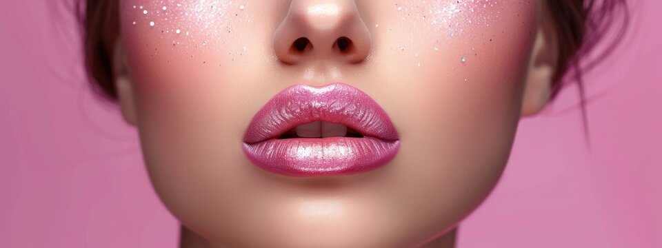 Banner of Fashion model girl portrait. Beauty woman with bright color makeup. Close-up of ady face. Violet background