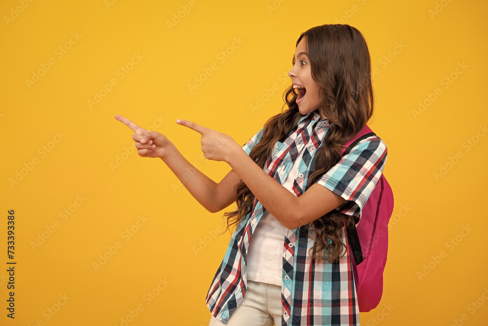 Sticker amazed teen school girl. school teen with backpack. teenager student, isolated background. learning 