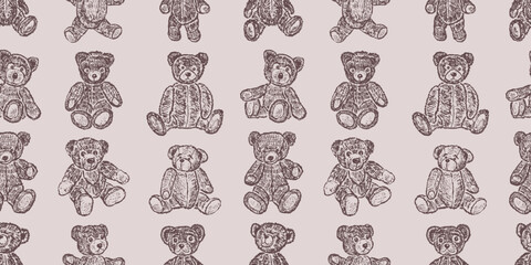 Seamless vector pattern of set various drawn sitting teddy bears old toys, background for paper,wallpaper