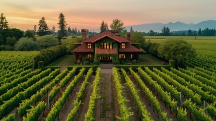 A charming vineyard estate, with rows of grapevines stretching as far as the eye can see and a...