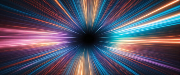 Light speed, hyperspace, space warp background. colorful streaks of light gathering towards the event horizon. 