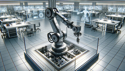 Cutting-edge robotic arm conducting precise task in modern industrial lab
