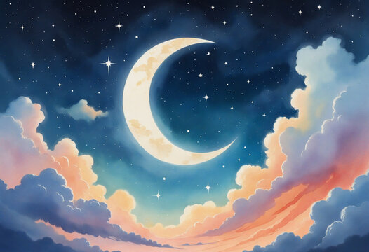 Wonderful Fantasy clouds, stars, and a crescent moon paint a watercolor sky in a bygone era. 