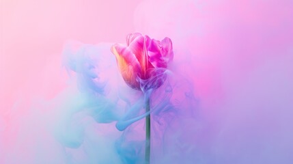  a pink and blue flower is in the middle of a pink and blue smoke filled background with a pink and blue flower in the center of the image is in the center of the center.
