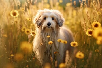Lowchen dog standing in meadow field surrounded by vibrant wildflowers and grass on sunny day ai generated